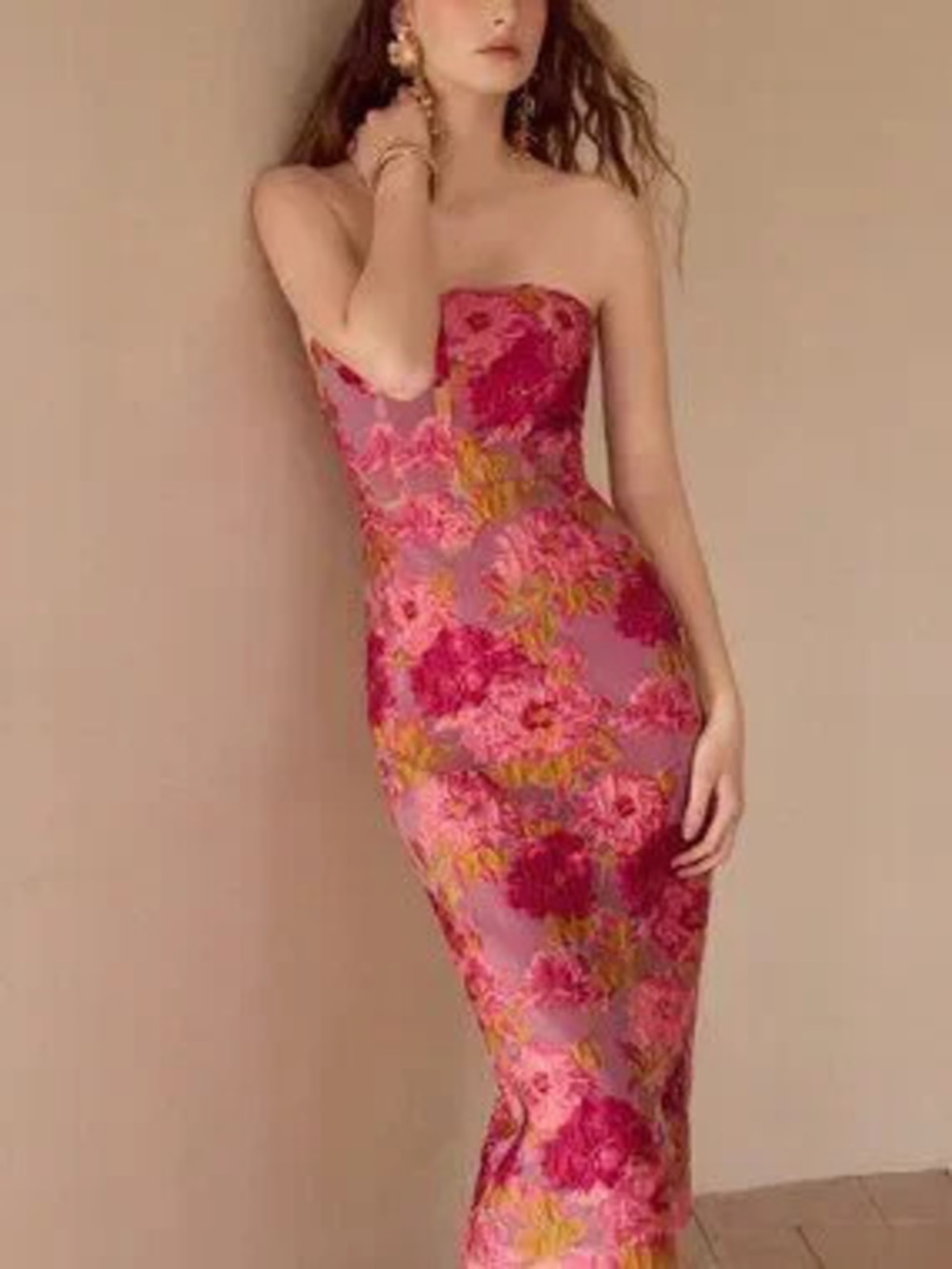 ZARA Pink Women's Premium Floral Jacquard Tube midi Dress